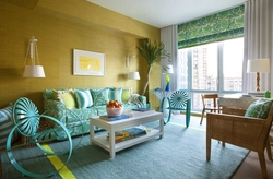 Blue-green sofa in the living room interior