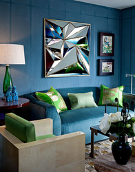 Blue-green sofa in the living room interior