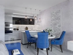 Blue chairs in the interior of a white kitchen