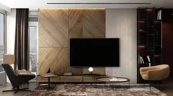 Living room interior with wood paneling