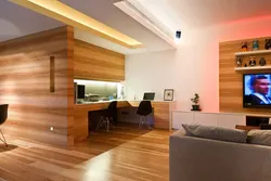 Living room interior with wood paneling