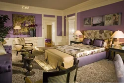 Beige with purple in the bedroom interior