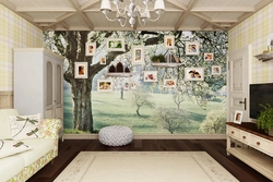 Wallpaper with houses in the kitchen interior