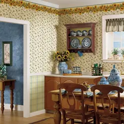 Wallpaper with houses in the kitchen interior