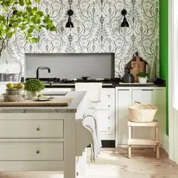 Wallpaper with houses in the kitchen interior