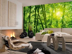 Photo wallpaper with a tree in the living room interior