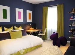 Blue and yellow in the bedroom interior