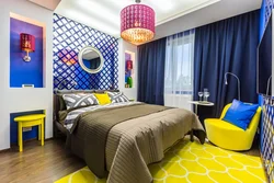 Blue and yellow in the bedroom interior