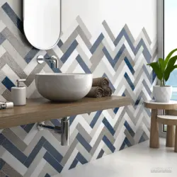 Blue chevron tiles in the bathroom interior