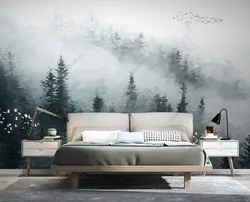 Photo wallpaper forest in the fog in the bedroom interior