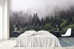 Photo wallpaper forest in the fog in the bedroom interior