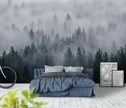 Фоташпалеры лес у тумане ў інтэр'еры спальні