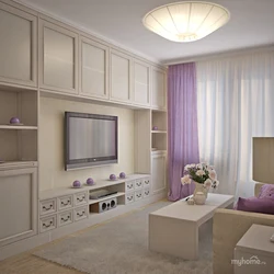 Interyerdə divar və divan olan qonaq otağı