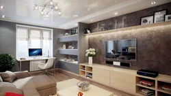 Interyerdə divar və divan olan qonaq otağı