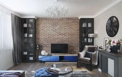 Gray brick in the living room interior with wallpaper