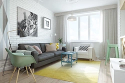 Gray brick in the living room interior with wallpaper