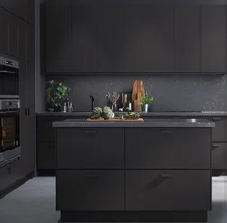 Gray kitchen with black handles in the interior