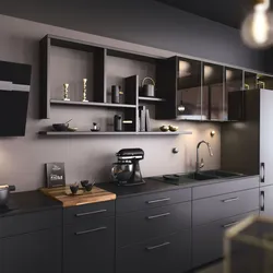 Серая кухня с черными ручками в интерьере