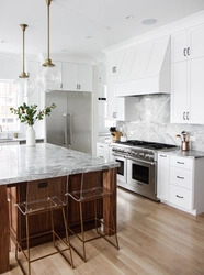 Gray Kitchen In The Interior With Marble Countertops