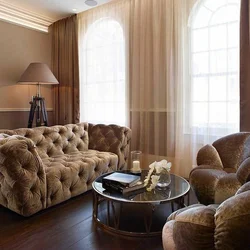 Coffee with milk curtains in the living room interior