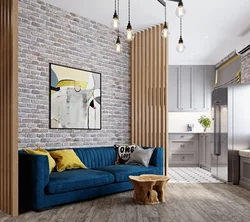Kichkina kvartiraning yashash xonasida loft uslubidagi interyer
