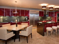 Kitchen design with burgundy chairs