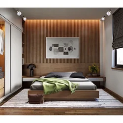 Bedroom design with slats behind the bed