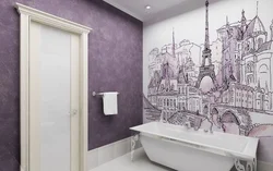 Қабырғадағы суреттері бар ванна бөлмесінің дизайны