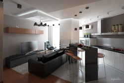 Living room design with kitchen and pillar