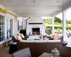 Terrace design with fireplace and kitchen