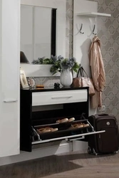 Hallway design with shoe rack and ottoman