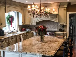 Тарҳи ошхона чӯбӣ бо countertops мармар