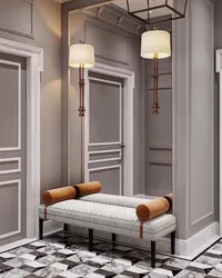 Hallway design with soft seat and mirrors