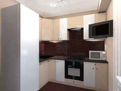 Corner kitchen design with refrigerator and microwave