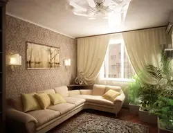 Burchakli divan va televizor bilan yashash xonasi dizayni