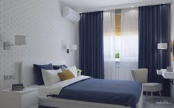 Bedroom design with white wallpaper and gray curtains