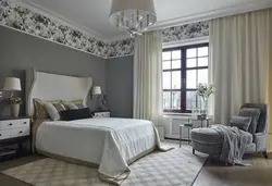 Bedroom Design With White Wallpaper And Gray Curtains