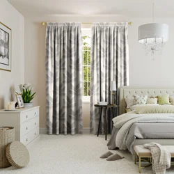 Bedroom Design With White Wallpaper And Gray Curtains