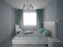 Bedroom Design With White Wallpaper And Gray Curtains