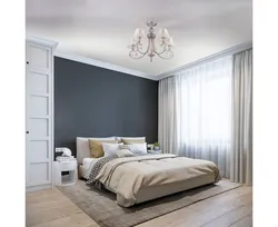 Bedroom design with white wallpaper and gray curtains