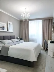 Bedroom Design With White Wallpaper And Gray Curtains