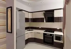 Kitchen design with left corner and refrigerator by the window