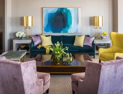 Bright armchairs in the living room interior