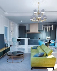 Living Room Kitchen Design In Blue Tones