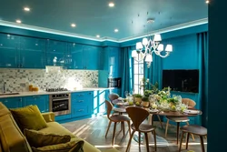 Living room kitchen design in blue tones