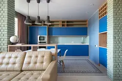 Living room kitchen design in blue tones