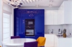 Living room kitchen design in blue tones