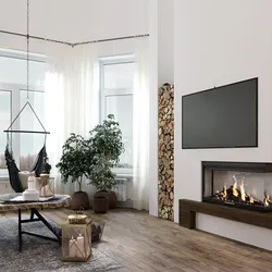 Lamellar va kamin bilan yashash xonasi dizayni