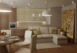 Бұрыштық диванмен қонақ бөлмесінің асүй дизайны