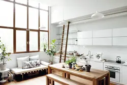 Small kitchen design with high ceiling